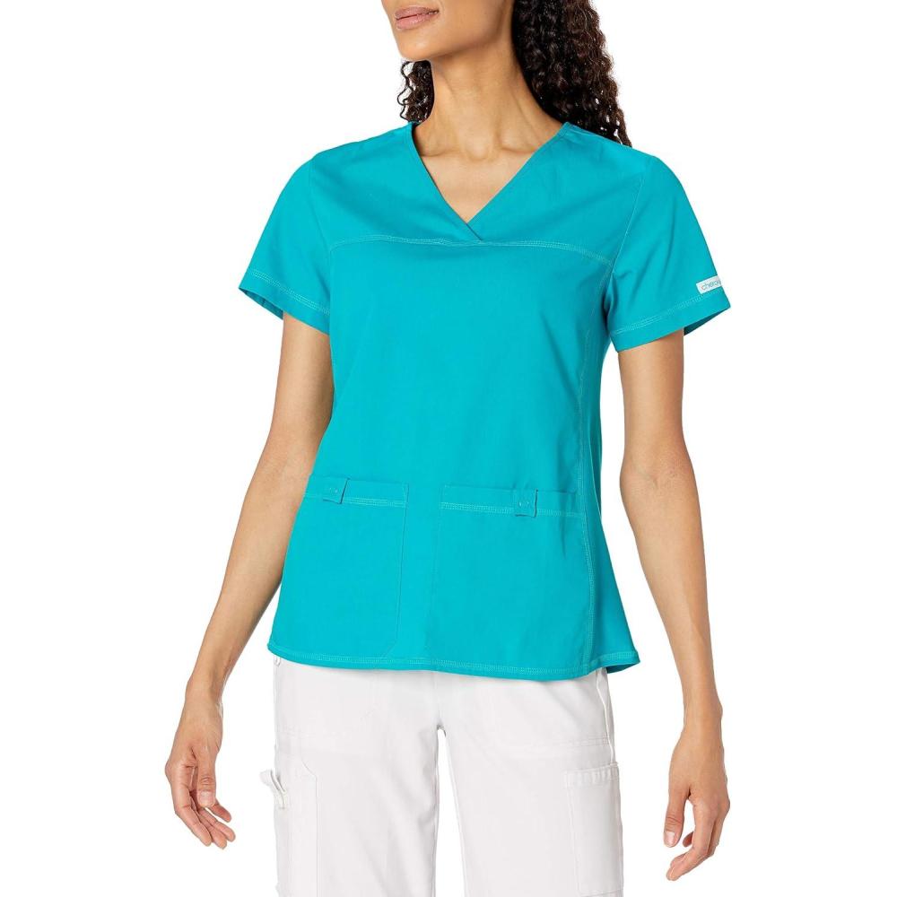 imageCherokee Flexibles Women Scrubs Top VNeck Knit Panel 2968Teal Blue