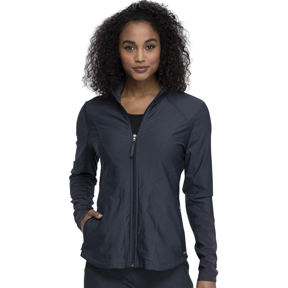 imageCherokee Form Women Warm Up Scrubs Jacket Zip Front CK390Pewter