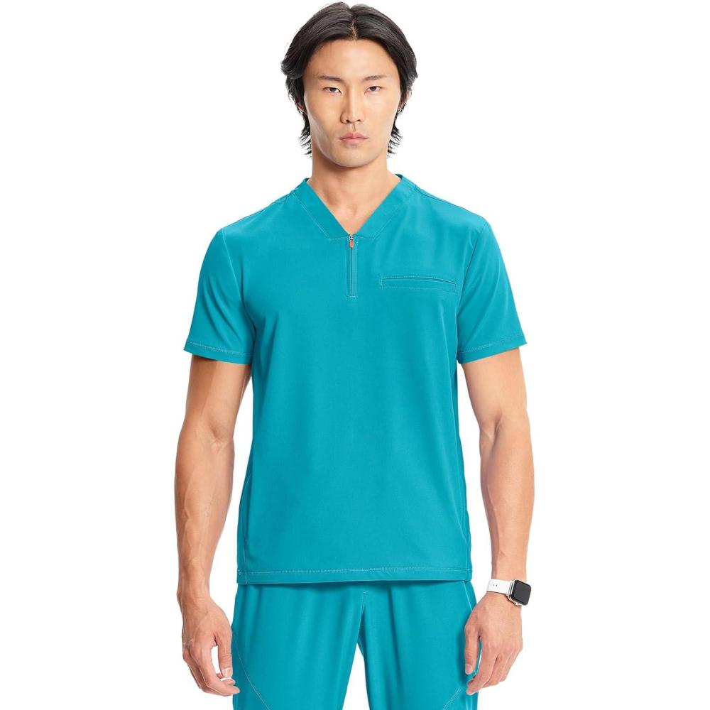 imageCherokee Infinity Mens Partial Zip VNeck Scrub Top RibKnit Panels 2 Zip Pockets 1 Welt Pocket PROTX2 Fabric IN702AAquaturque
