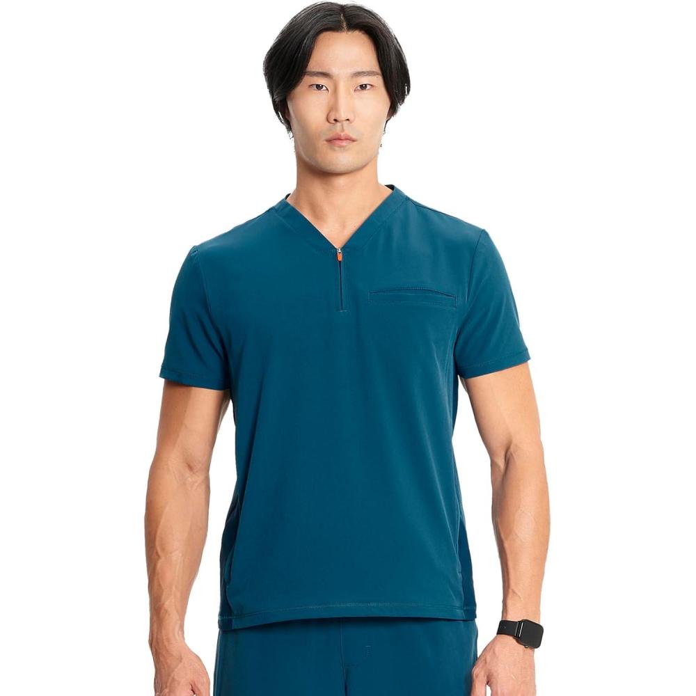 imageCherokee Infinity Mens Partial Zip VNeck Scrub Top RibKnit Panels 2 Zip Pockets 1 Welt Pocket PROTX2 Fabric IN702ACaribbean Blue