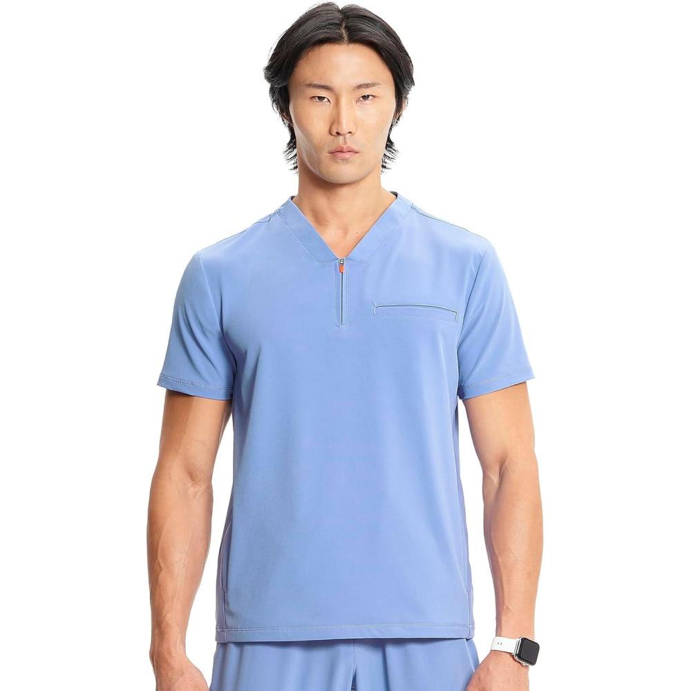 imageCherokee Infinity Mens Partial Zip VNeck Scrub Top RibKnit Panels 2 Zip Pockets 1 Welt Pocket PROTX2 Fabric IN702ACiel