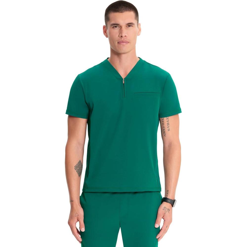 imageCherokee Infinity Mens Partial Zip VNeck Scrub Top RibKnit Panels 2 Zip Pockets 1 Welt Pocket PROTX2 Fabric IN702AHunter