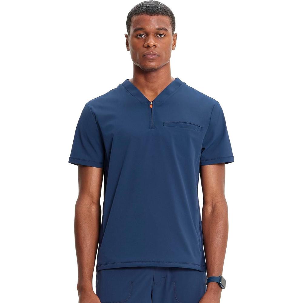 imageCherokee Infinity Mens Partial Zip VNeck Scrub Top RibKnit Panels 2 Zip Pockets 1 Welt Pocket PROTX2 Fabric IN702ANavy