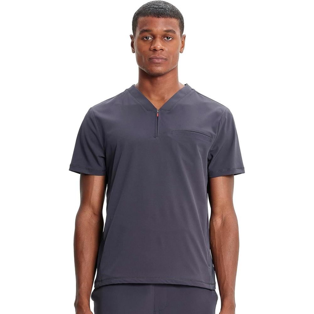 imageCherokee Infinity Mens Partial Zip VNeck Scrub Top RibKnit Panels 2 Zip Pockets 1 Welt Pocket PROTX2 Fabric IN702APewter