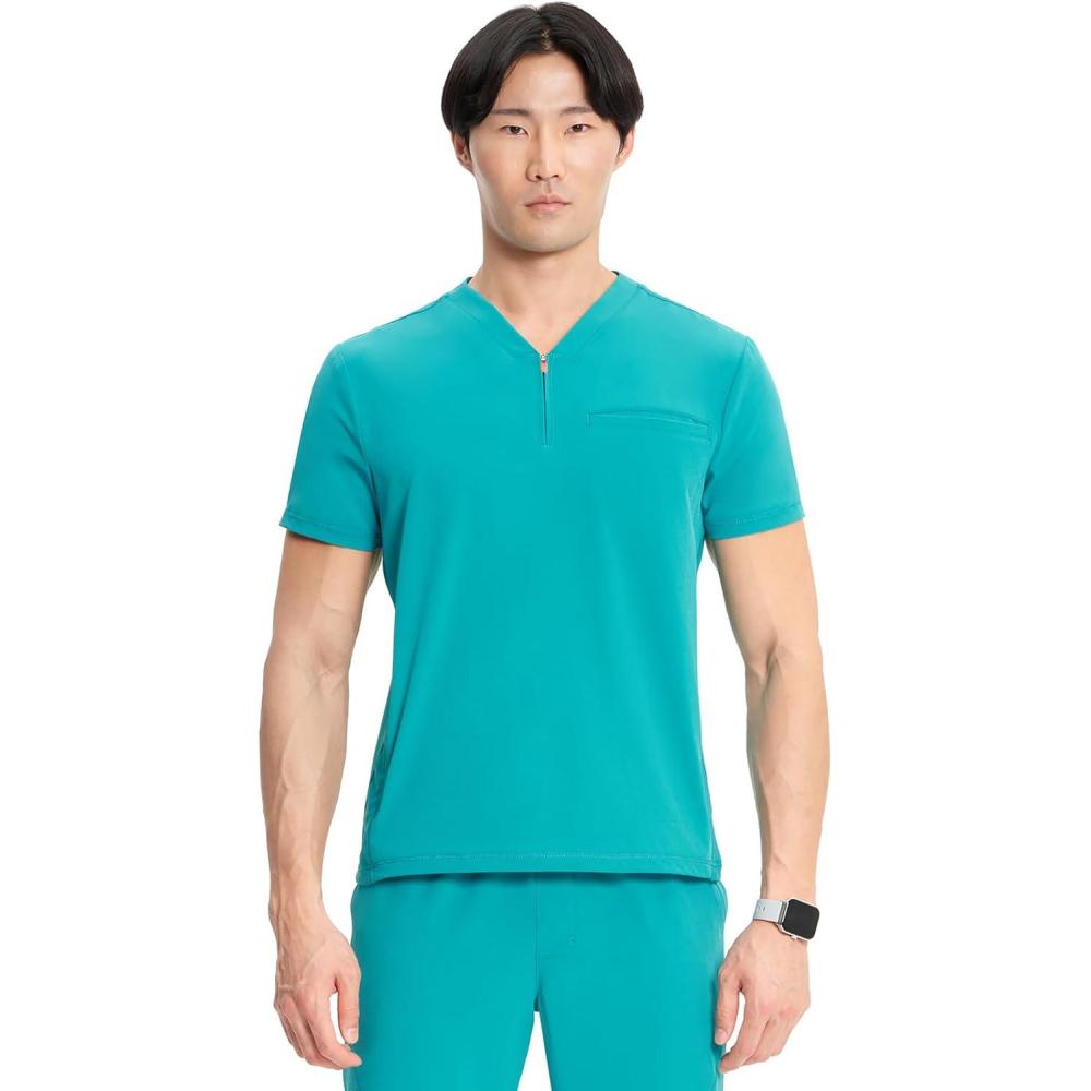 imageCherokee Infinity Mens Partial Zip VNeck Scrub Top RibKnit Panels 2 Zip Pockets 1 Welt Pocket PROTX2 Fabric IN702ATeal Blue