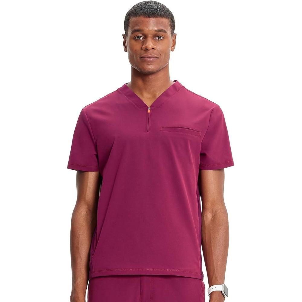 imageCherokee Infinity Mens Partial Zip VNeck Scrub Top RibKnit Panels 2 Zip Pockets 1 Welt Pocket PROTX2 Fabric IN702AWine