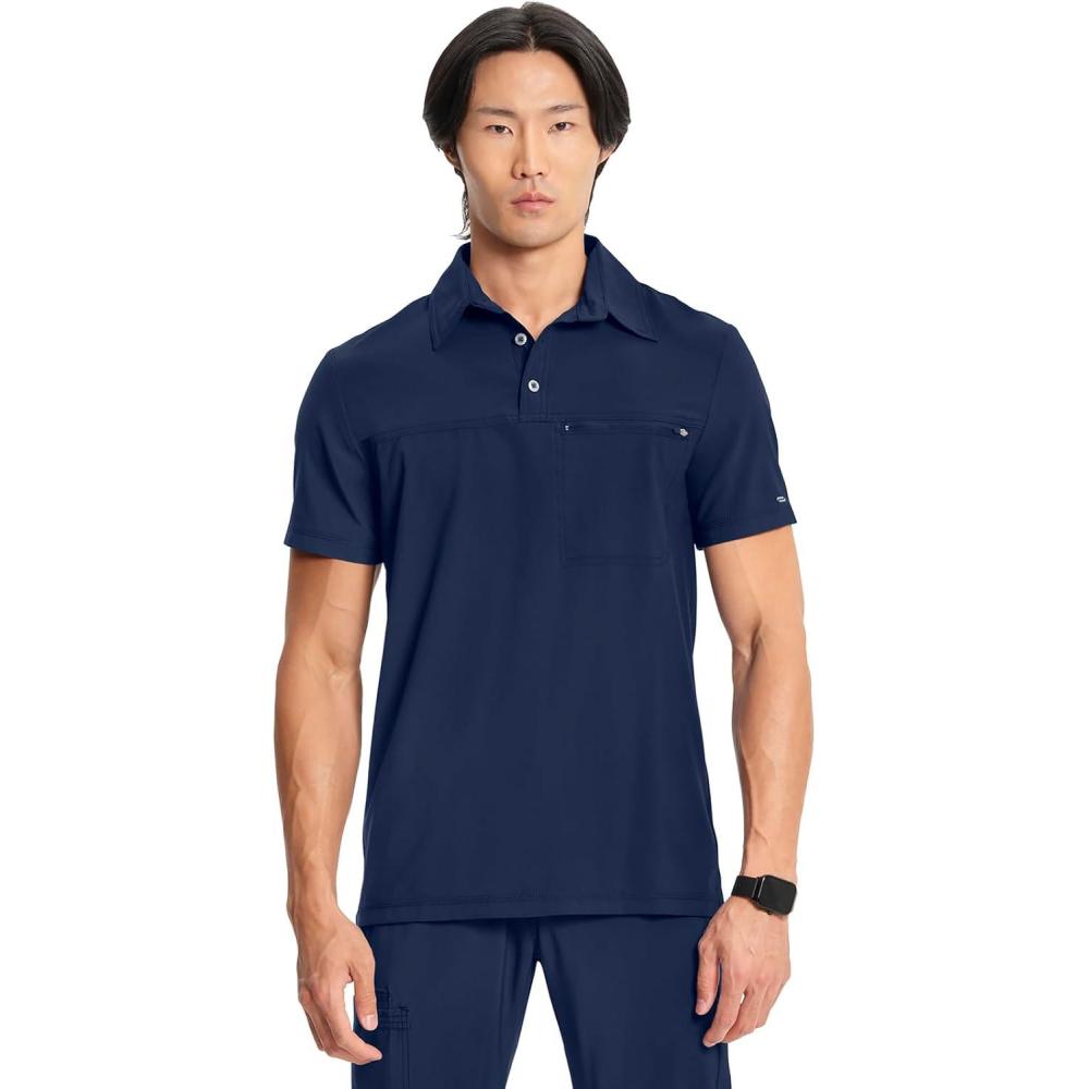imageCherokee Infinity Mens Scrub Polo Top Zip Chest Pocket Moisture Wicking WrinkleResistant 360 Stretch CK825ANavy