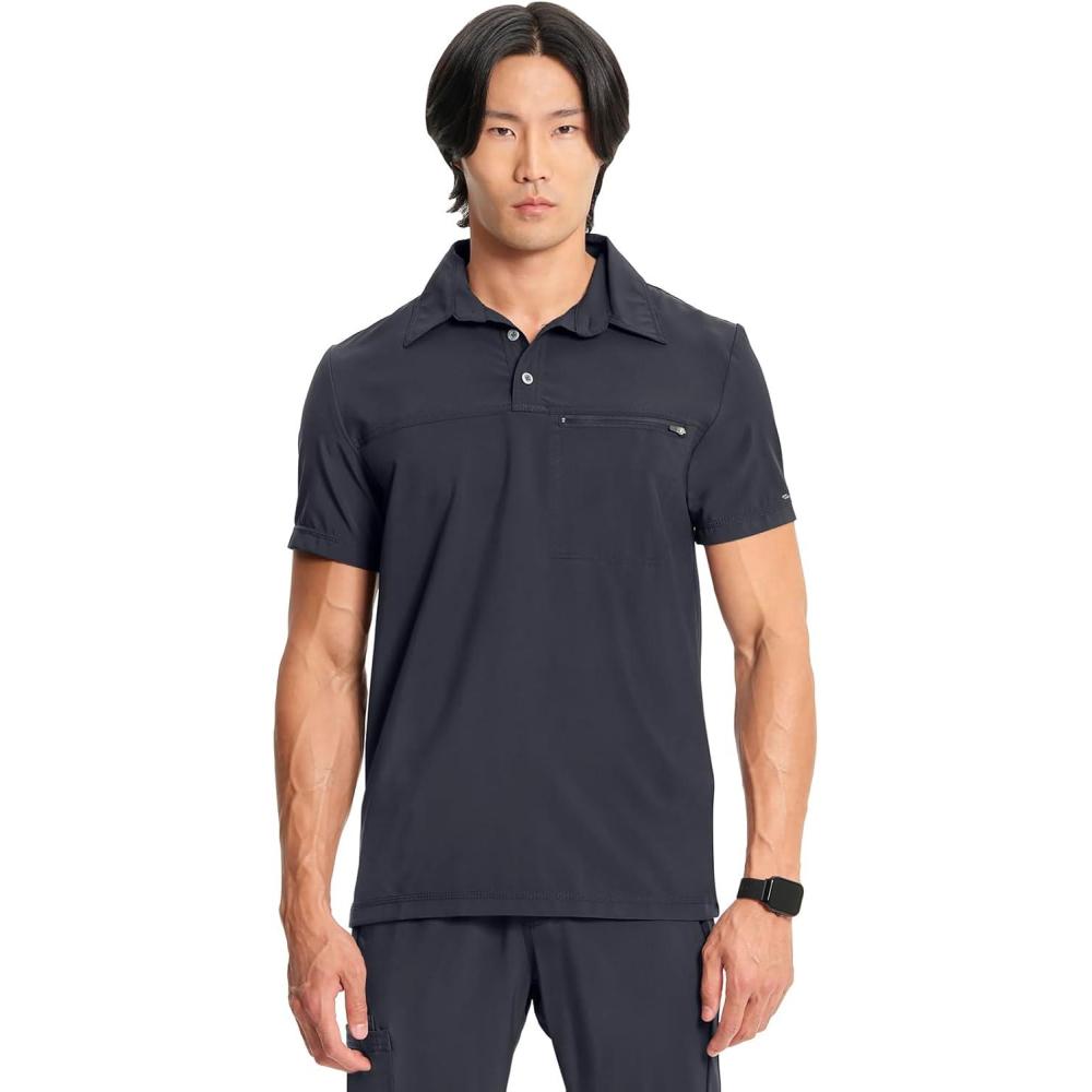 imageCherokee Infinity Mens Scrub Polo Top Zip Chest Pocket Moisture Wicking WrinkleResistant 360 Stretch CK825APewter