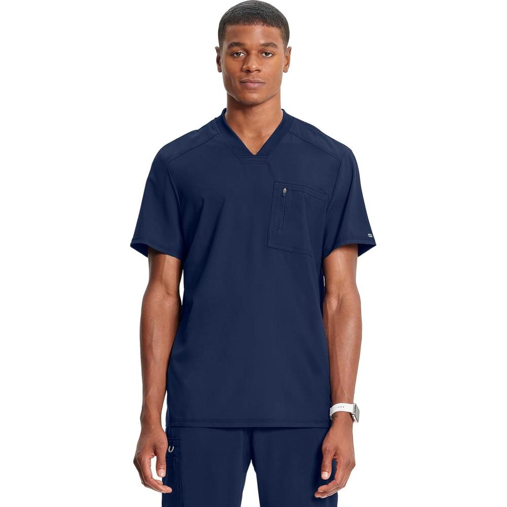 imageCherokee Infinity Mens Tuckable VNeck Scrub Top Modern Fit 2 Pockets Zip Chest Pocket RibKnit 360 Stretch CK910ANavy