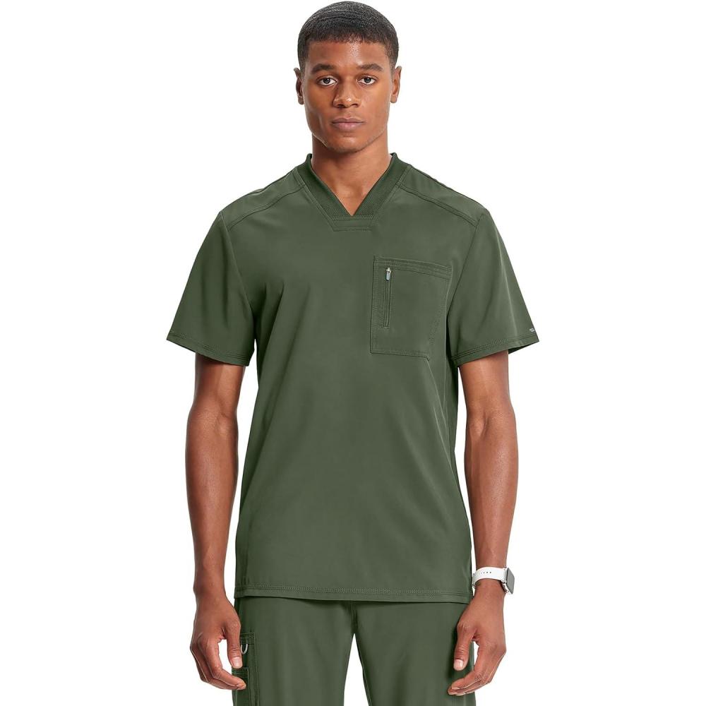 imageCherokee Infinity Mens Tuckable VNeck Scrub Top Modern Fit 2 Pockets Zip Chest Pocket RibKnit 360 Stretch CK910AOlive