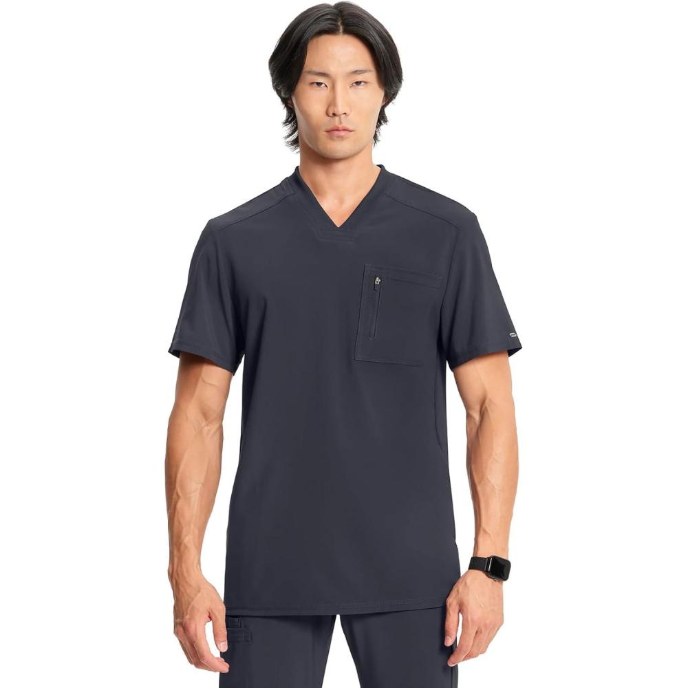 imageCherokee Infinity Mens Tuckable VNeck Scrub Top Modern Fit 2 Pockets Zip Chest Pocket RibKnit 360 Stretch CK910APewter