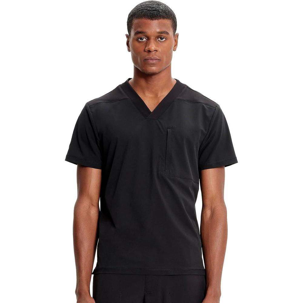 imageCherokee Infinity Mens VNeck Scrub Top 1 Zip Chest Pocket RibKnit Neckline Side Vents IN700ABlack