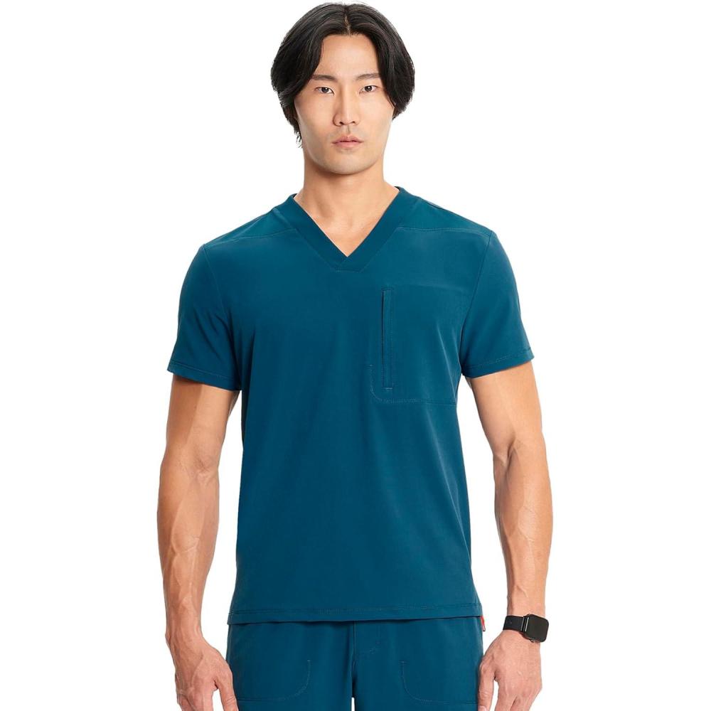 imageCherokee Infinity Mens VNeck Scrub Top 1 Zip Chest Pocket RibKnit Neckline Side Vents IN700ACaribbean Blue