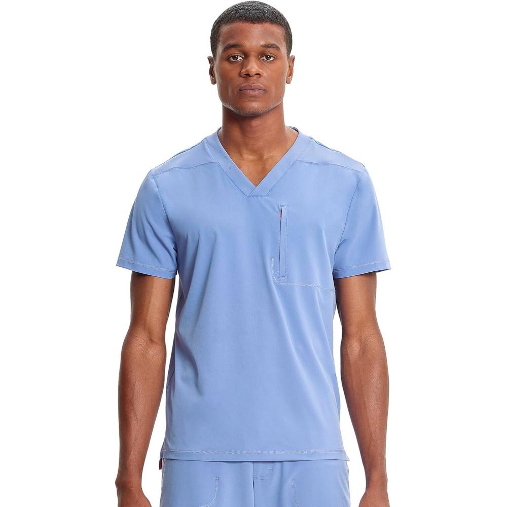 imageCherokee Infinity Mens VNeck Scrub Top 1 Zip Chest Pocket RibKnit Neckline Side Vents IN700ACiel