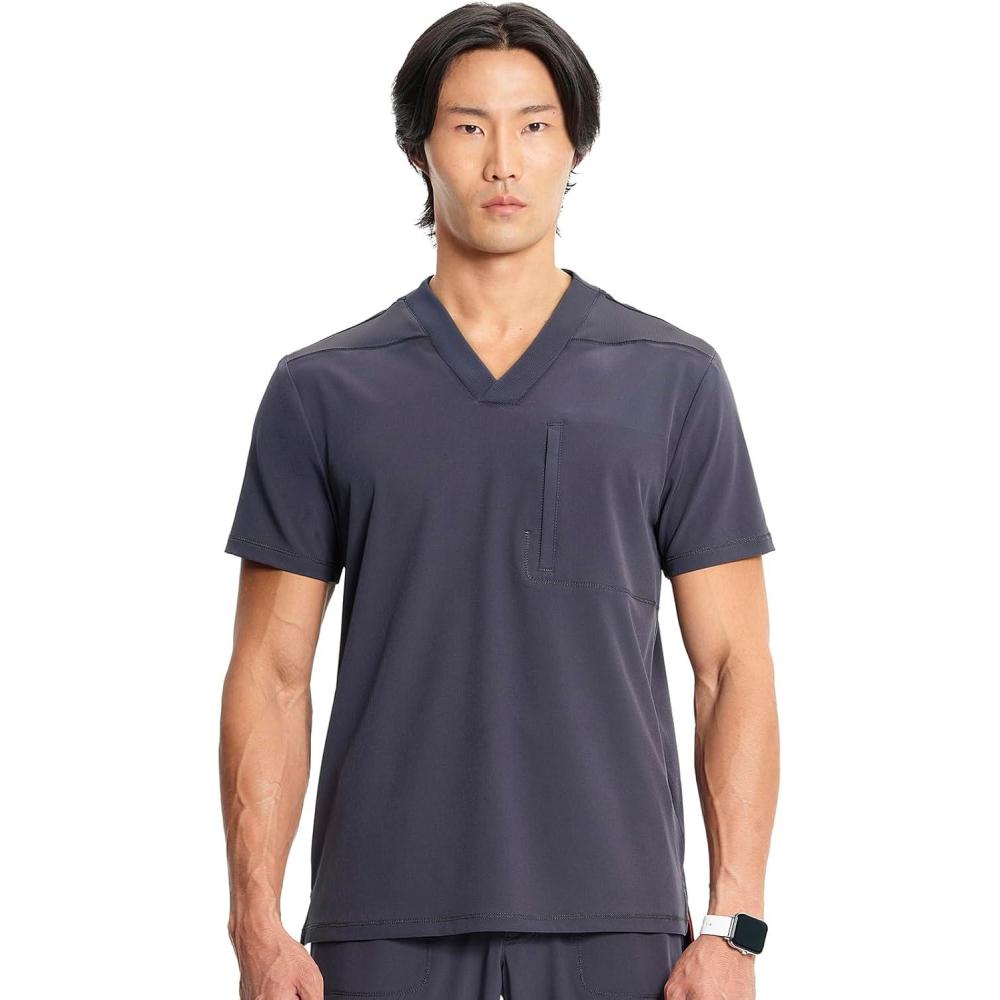 imageCherokee Infinity Mens VNeck Scrub Top 1 Zip Chest Pocket RibKnit Neckline Side Vents IN700APewter