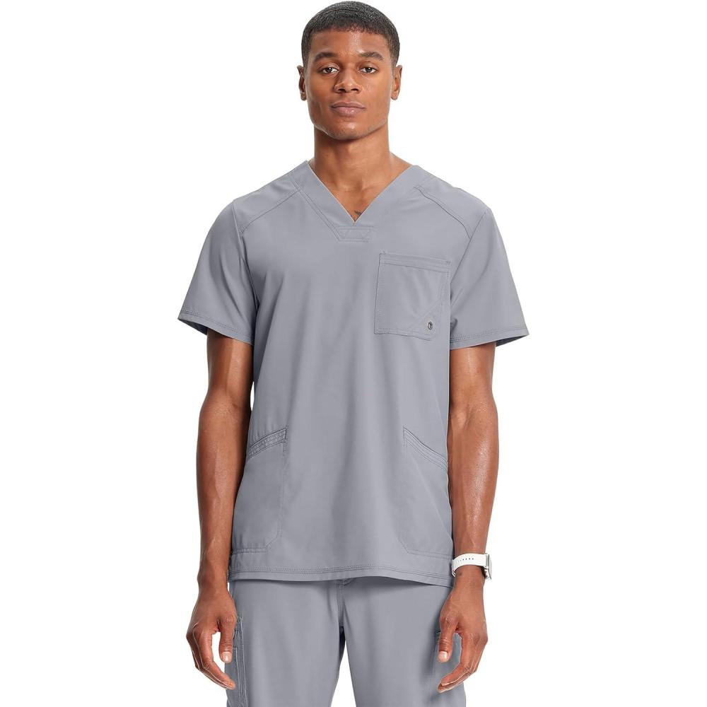 imageCherokee Infinity Mens VNeck Scrub Top Modern Fit 3 Pockets RibKnit Back Panels MoistureWicking 360 Stretch CK900AGrey
