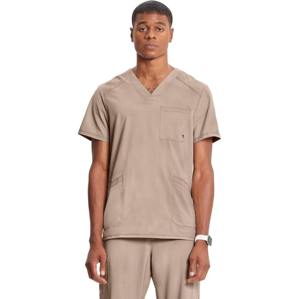imageCherokee Infinity Mens VNeck Scrub Top Modern Fit 3 Pockets RibKnit Back Panels MoistureWicking 360 Stretch CK900AKhaki