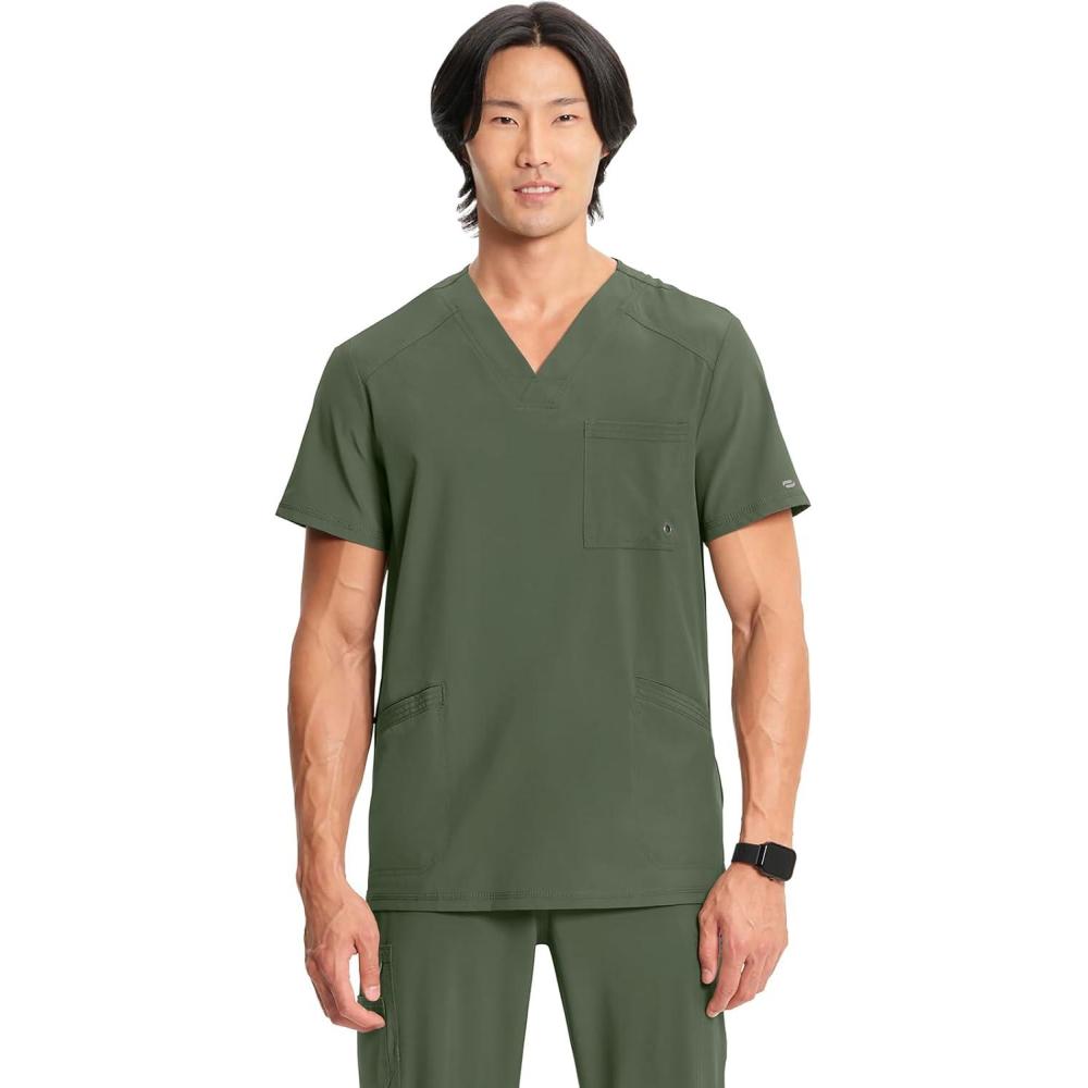 imageCherokee Infinity Mens VNeck Scrub Top Modern Fit 3 Pockets RibKnit Back Panels MoistureWicking 360 Stretch CK900AOlive