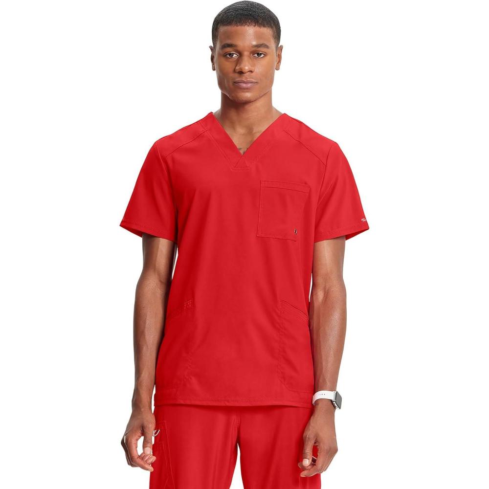 imageCherokee Infinity Mens VNeck Scrub Top Modern Fit 3 Pockets RibKnit Back Panels MoistureWicking 360 Stretch CK900ARed