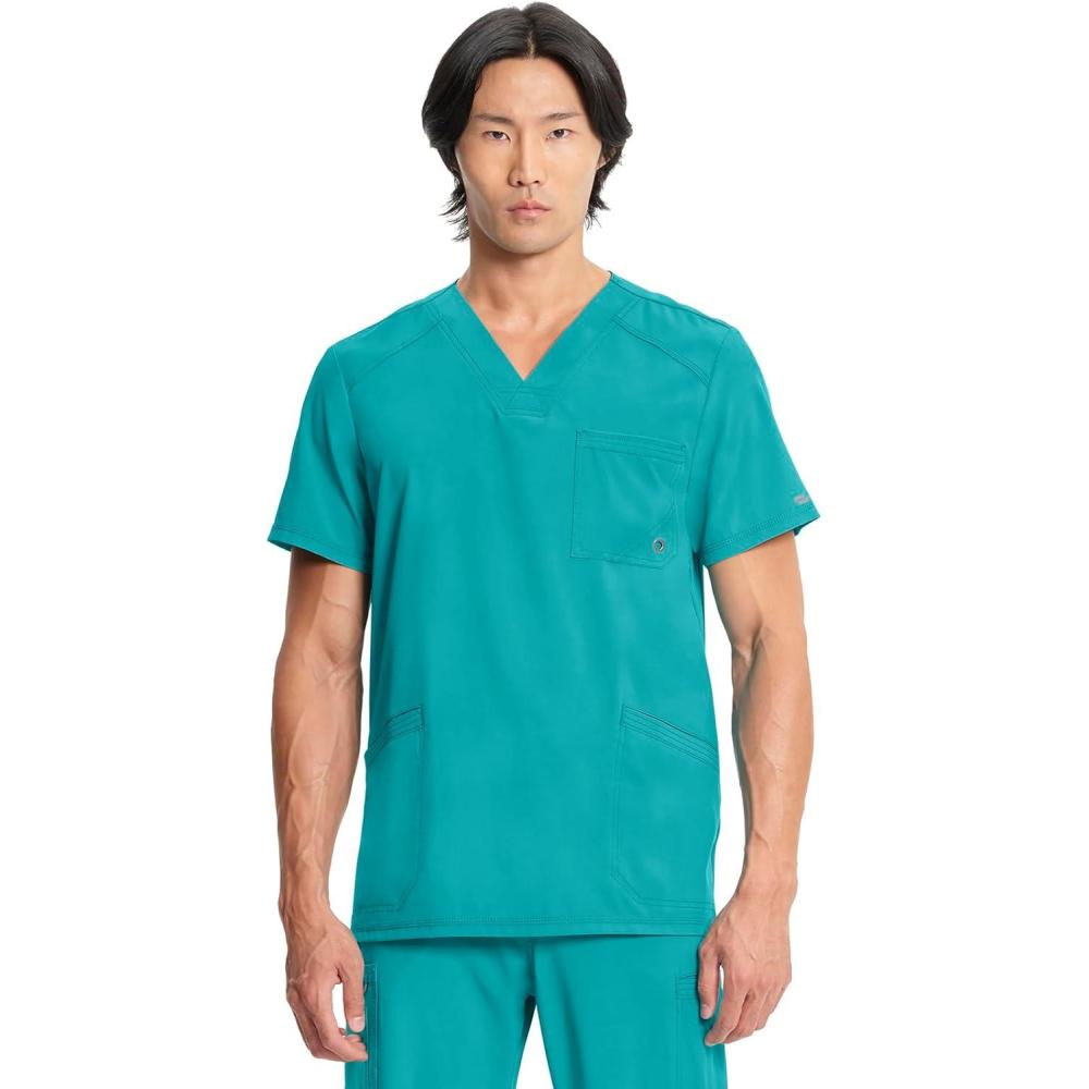 imageCherokee Infinity Mens VNeck Scrub Top Modern Fit 3 Pockets RibKnit Back Panels MoistureWicking 360 Stretch CK900ATeal Blue