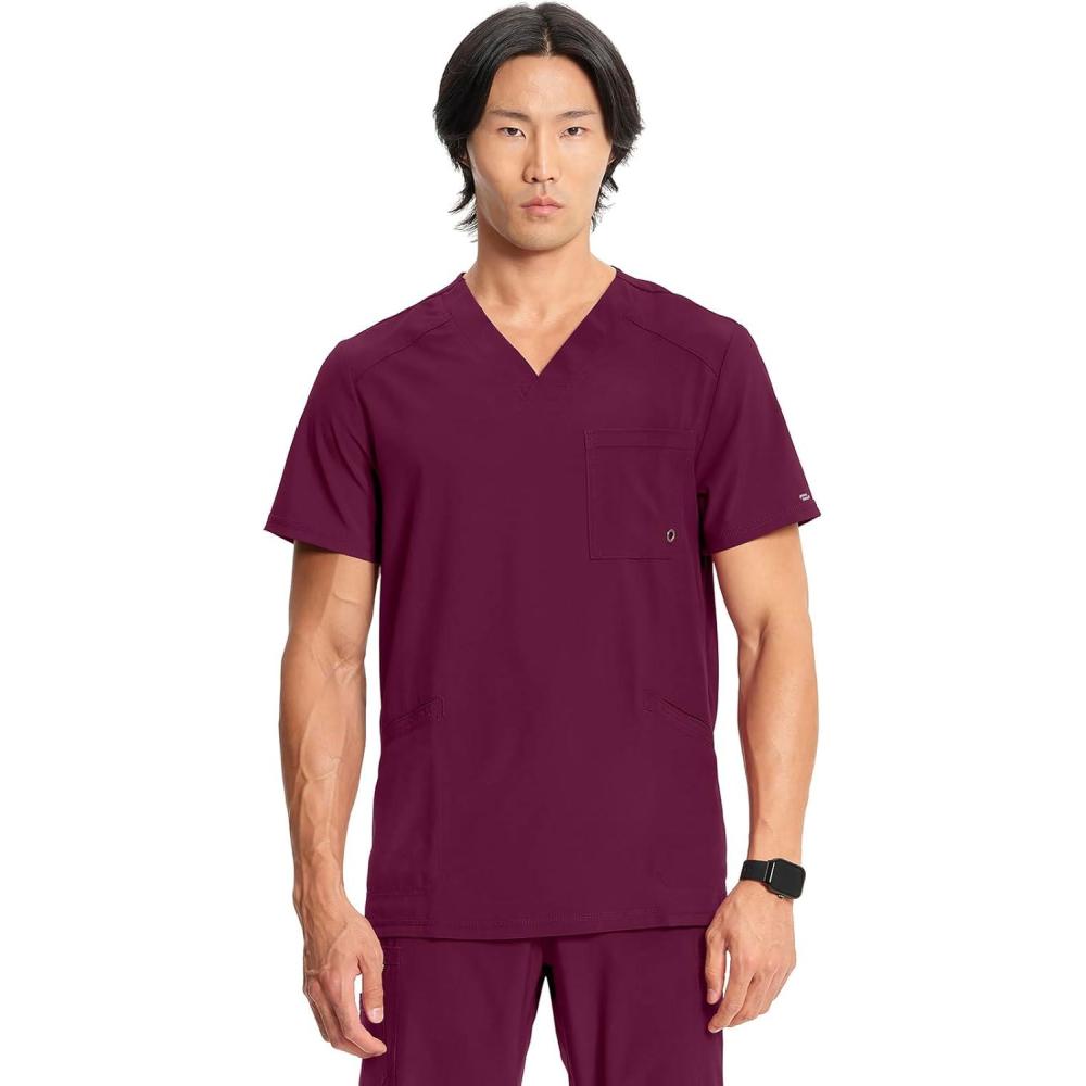 imageCherokee Infinity Mens VNeck Scrub Top Modern Fit 3 Pockets RibKnit Back Panels MoistureWicking 360 Stretch CK900AWine