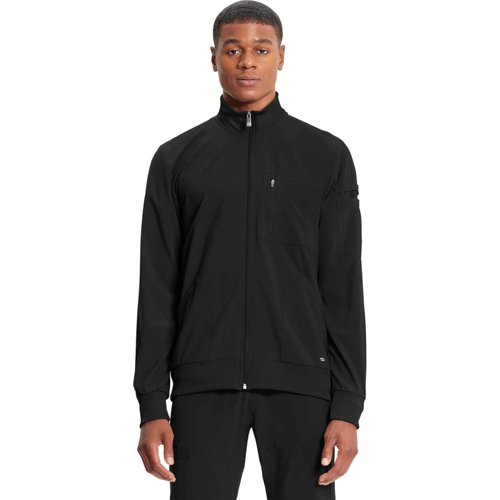 imageCherokee Infinity Mens Zip Front WarmUp Scrub Jacket Modern Fit 5 Pockets RibKnit Panels Moisture Wicking CK305ABlack