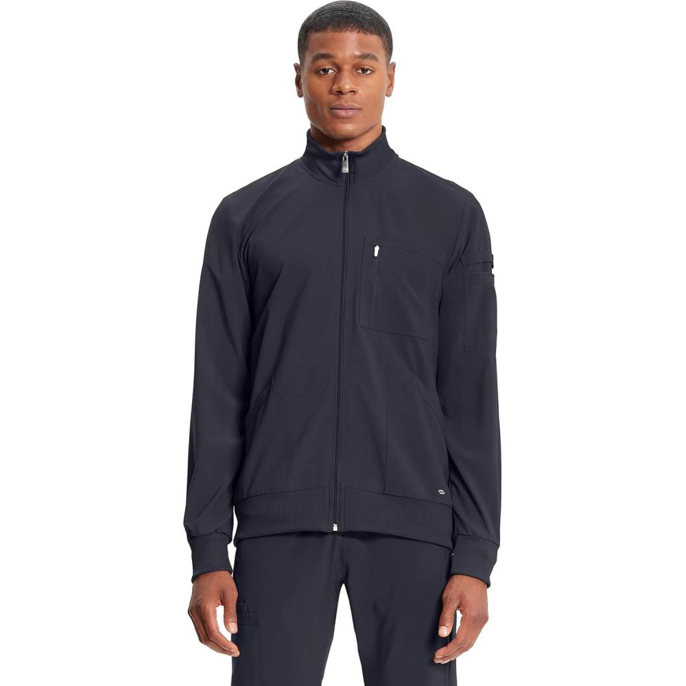 imageCherokee Infinity Mens Zip Front WarmUp Scrub Jacket Modern Fit 5 Pockets RibKnit Panels Moisture Wicking CK305APewter