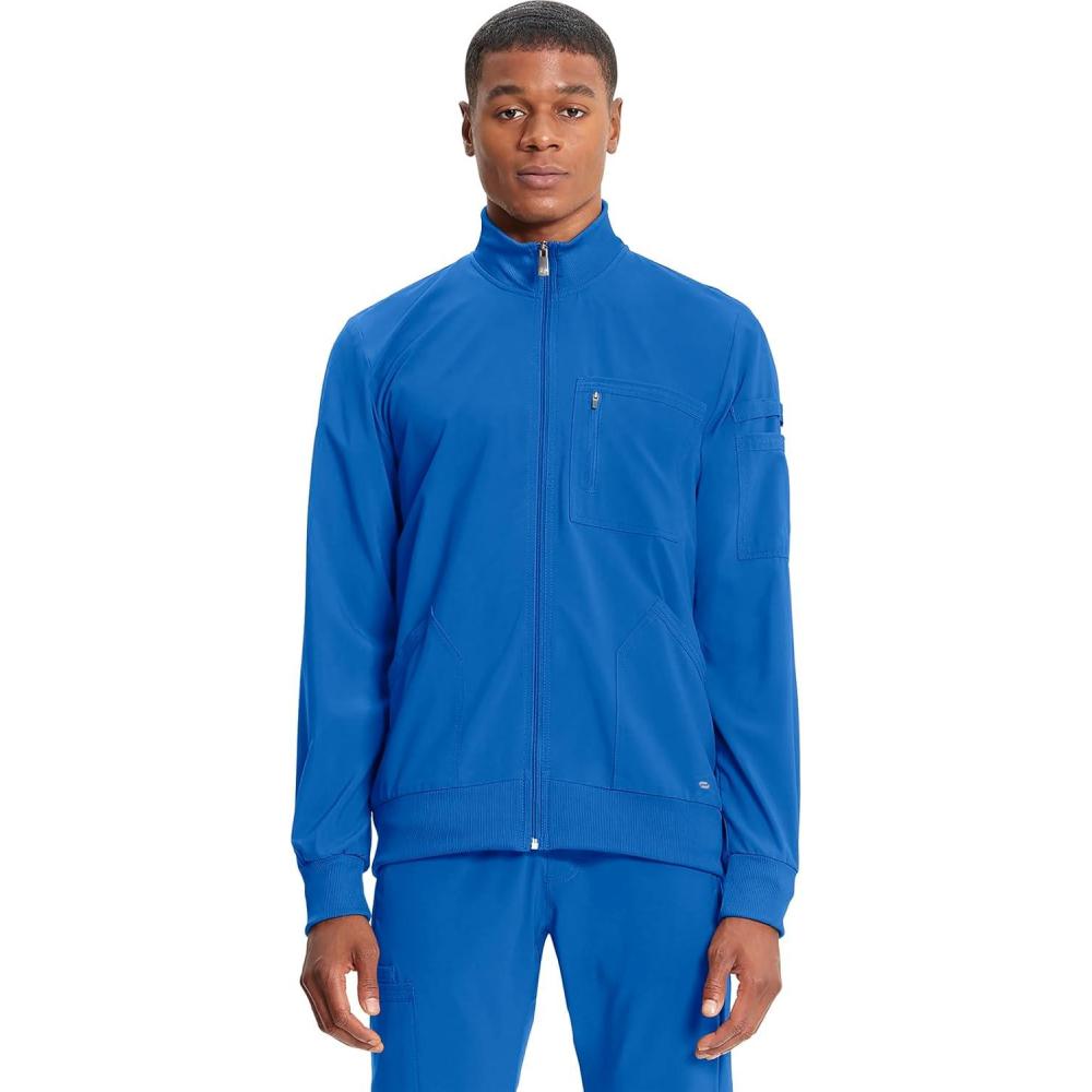 imageCherokee Infinity Mens Zip Front WarmUp Scrub Jacket Modern Fit 5 Pockets RibKnit Panels Moisture Wicking CK305ARoyal