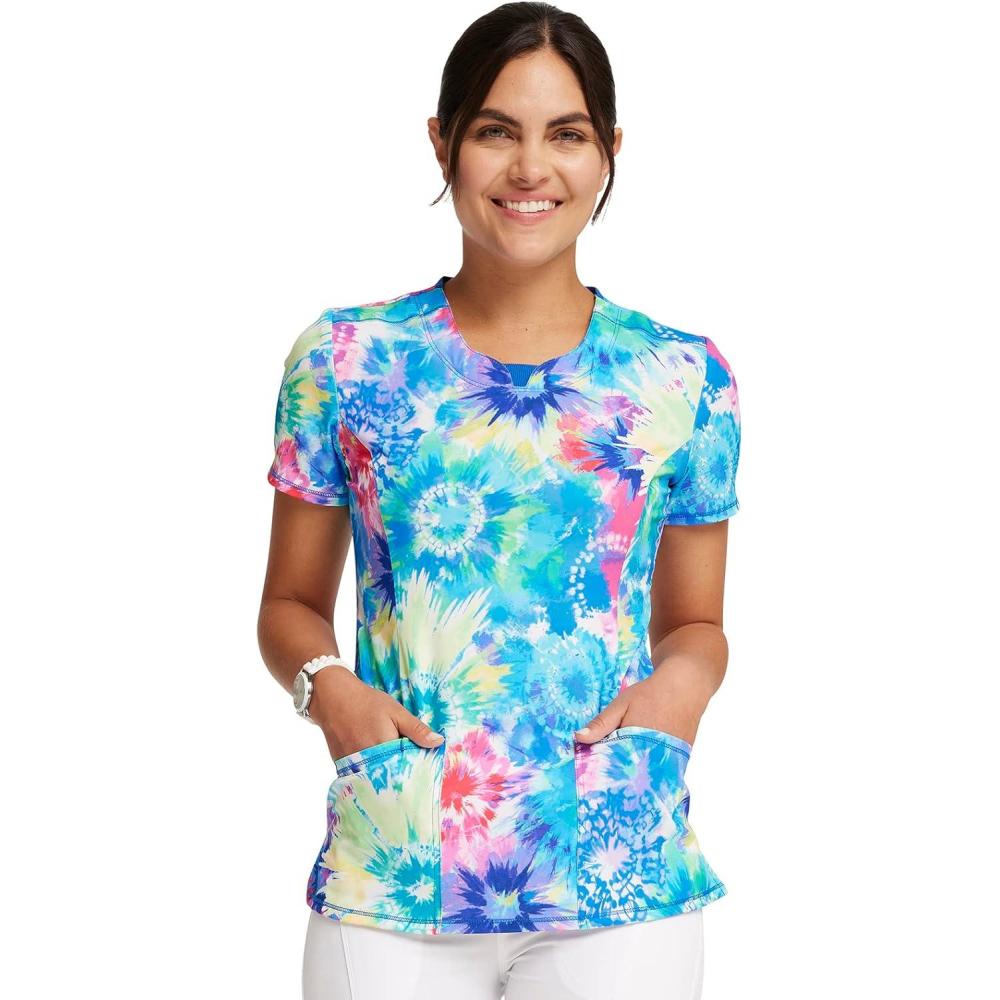 imageCherokee Infinity Printed Scrub Tops for Women Round Neck 3 Pockets RibKnit Inset amp Princess Seams CK609Tie Dye Burst
