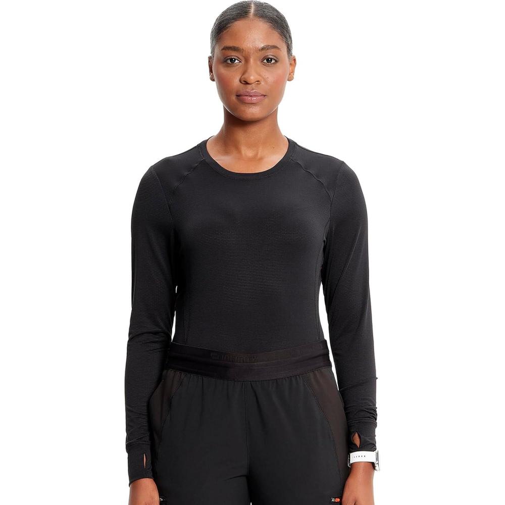 imageCherokee Infinity Womens Long Sleeve Underscrub Top Round Neck Thumbholes MoistureWicking 360 Stretch  IN640Black