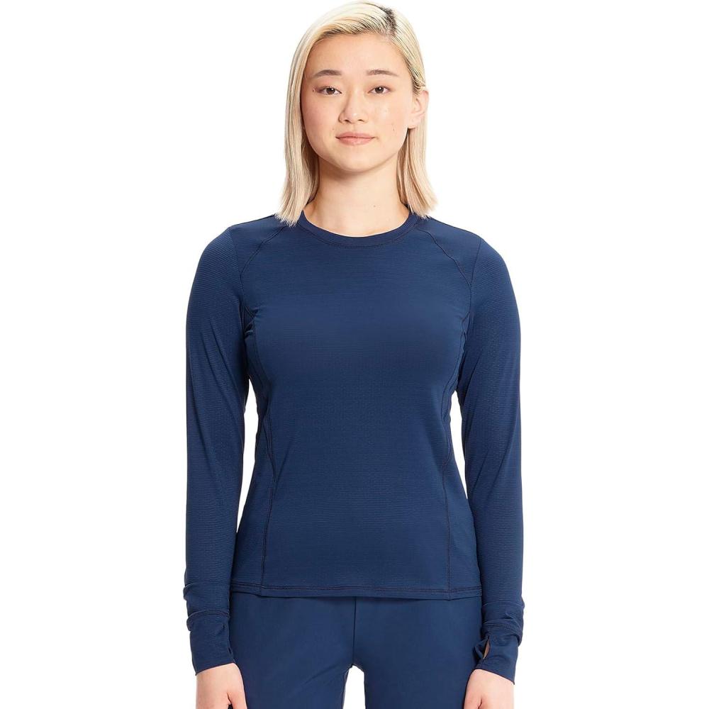 imageCherokee Infinity Womens Long Sleeve Underscrub Top Round Neck Thumbholes MoistureWicking 360 Stretch  IN640Navy