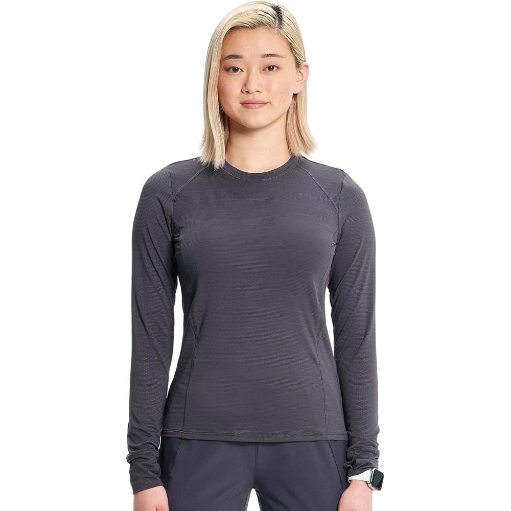 imageCherokee Infinity Womens Long Sleeve Underscrub Top Round Neck Thumbholes MoistureWicking 360 Stretch IN640Pewter