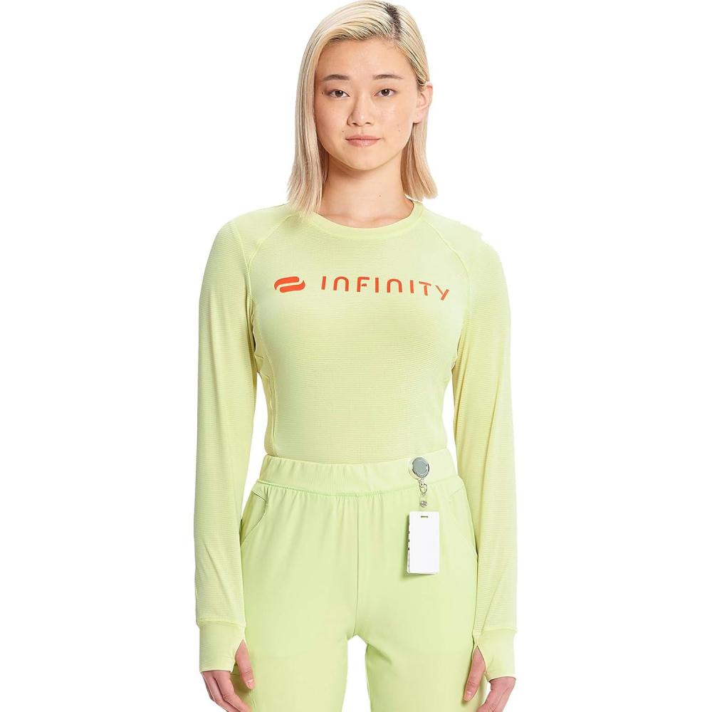 imageCherokee Infinity Womens Long Sleeve Underscrub Top Thumbhole Cuffs Moisture Wicking 360 Stretch Fabric Undertee IN641Green Energy