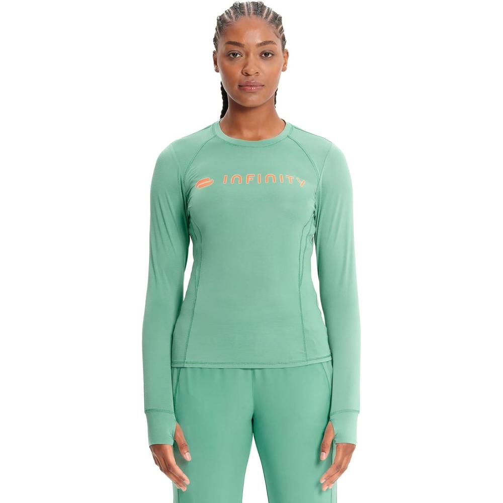 imageCherokee Infinity Womens Long Sleeve Underscrub Top Thumbhole Cuffs Moisture Wicking 360 Stretch Fabric Undertee  IN641Matcha Latte