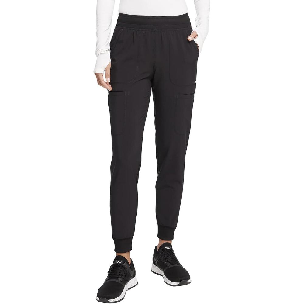 imageCherokee Infinity Womens Mid Rise Jogger Scrub Pants RibKnit Waist 6 Pockets 360 Stretch MoistureWicking CK080ABlack