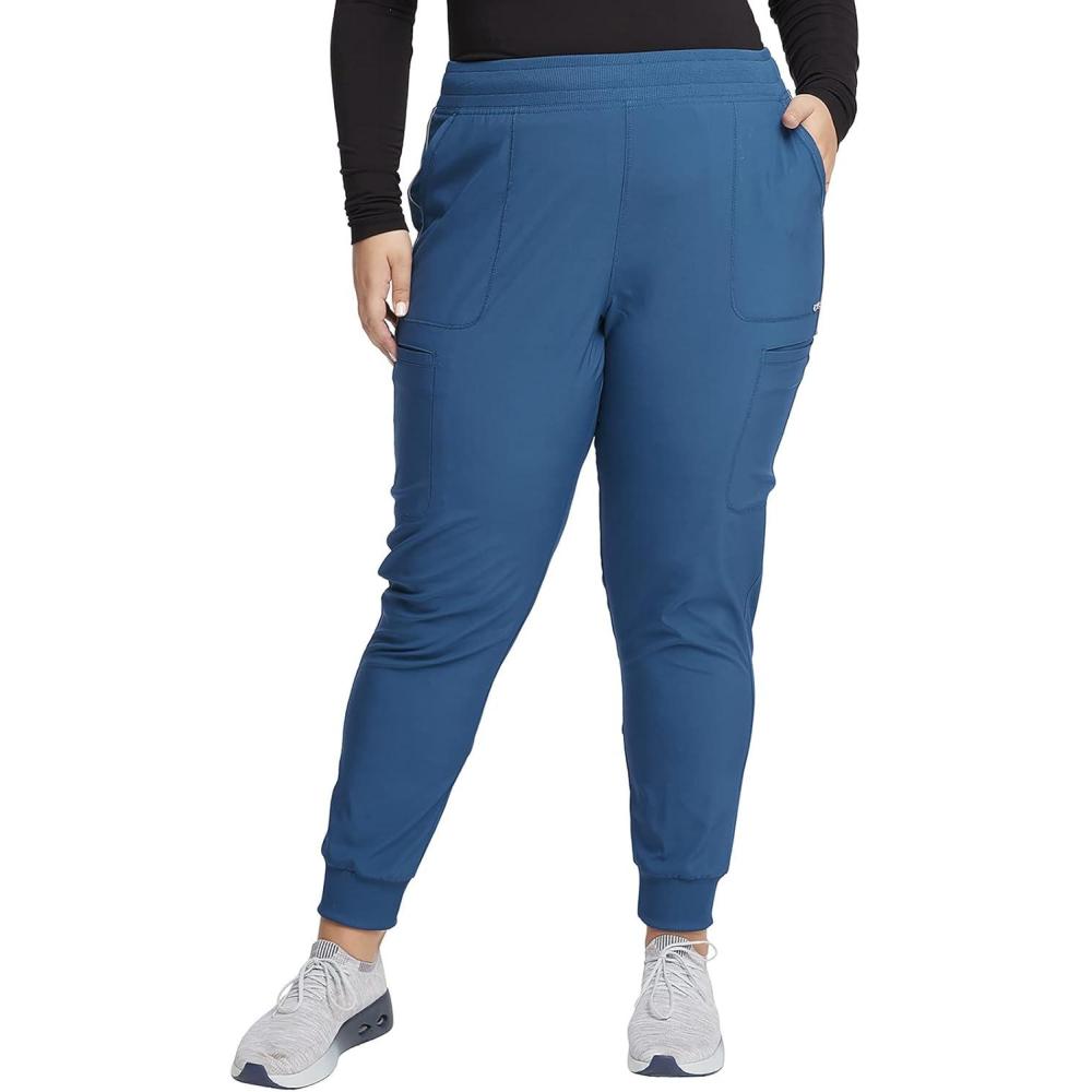 imageCherokee Infinity Womens Mid Rise Jogger Scrub Pants RibKnit Waist 6 Pockets 360 Stretch MoistureWicking CK080ACaribbean Blue