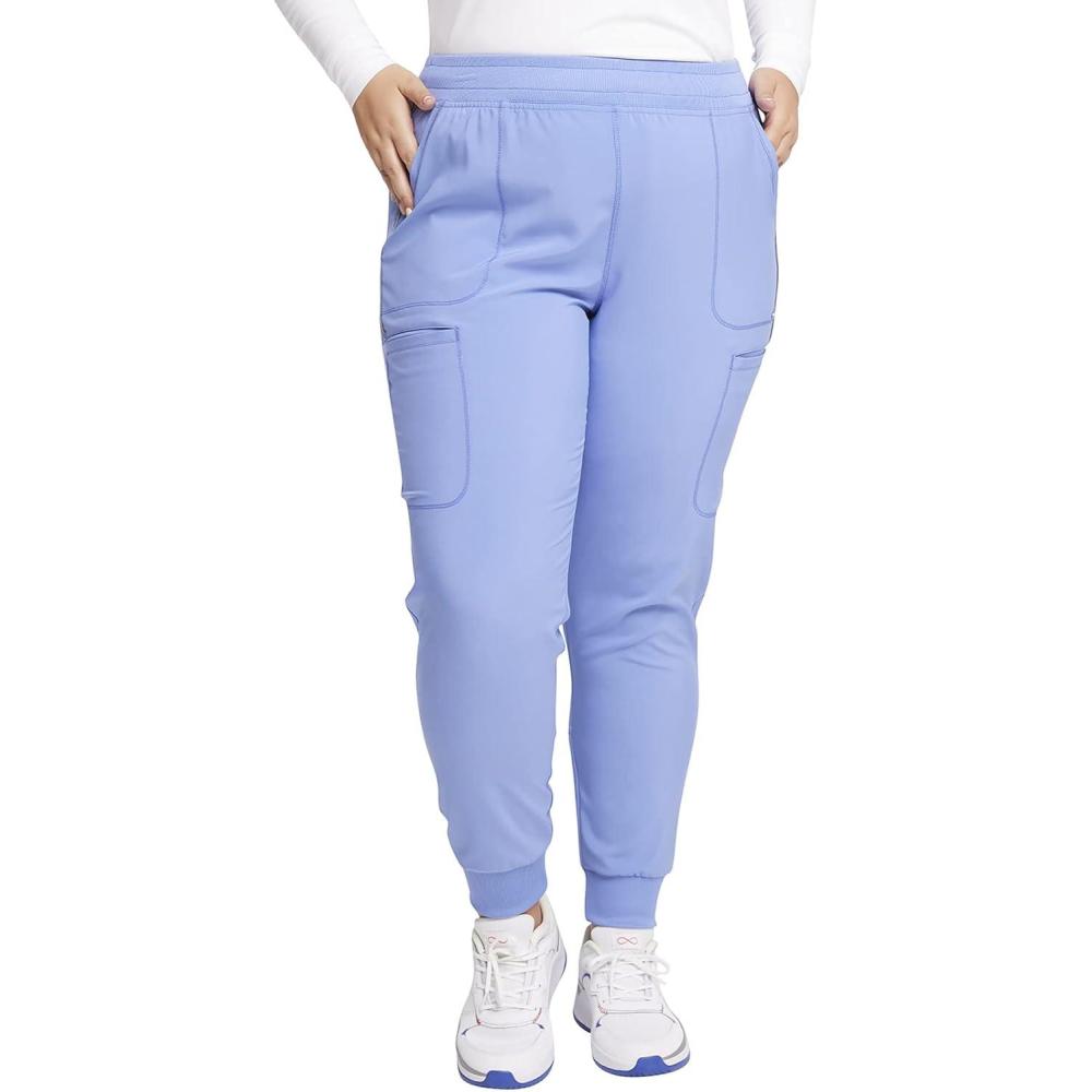 imageCherokee Infinity Womens Mid Rise Jogger Scrub Pants RibKnit Waist 6 Pockets 360 Stretch MoistureWicking CK080ACiel