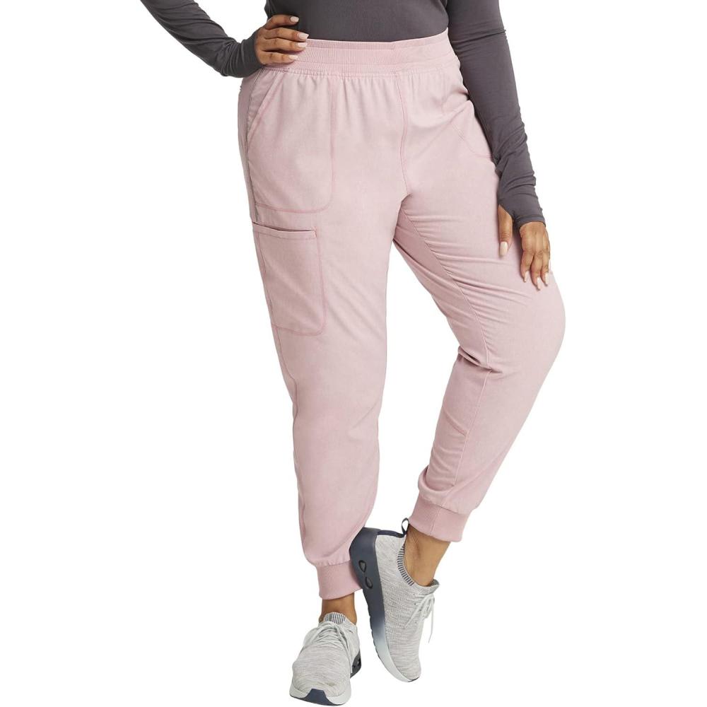 imageCherokee Infinity Womens Mid Rise Jogger Scrub Pants RibKnit Waist 6 Pockets 360 Stretch MoistureWicking CK080AFrosted Rose Heather