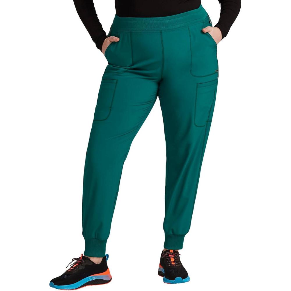 imageCherokee Infinity Womens Mid Rise Jogger Scrub Pants RibKnit Waist 6 Pockets 360 Stretch MoistureWicking CK080AHunter Green
