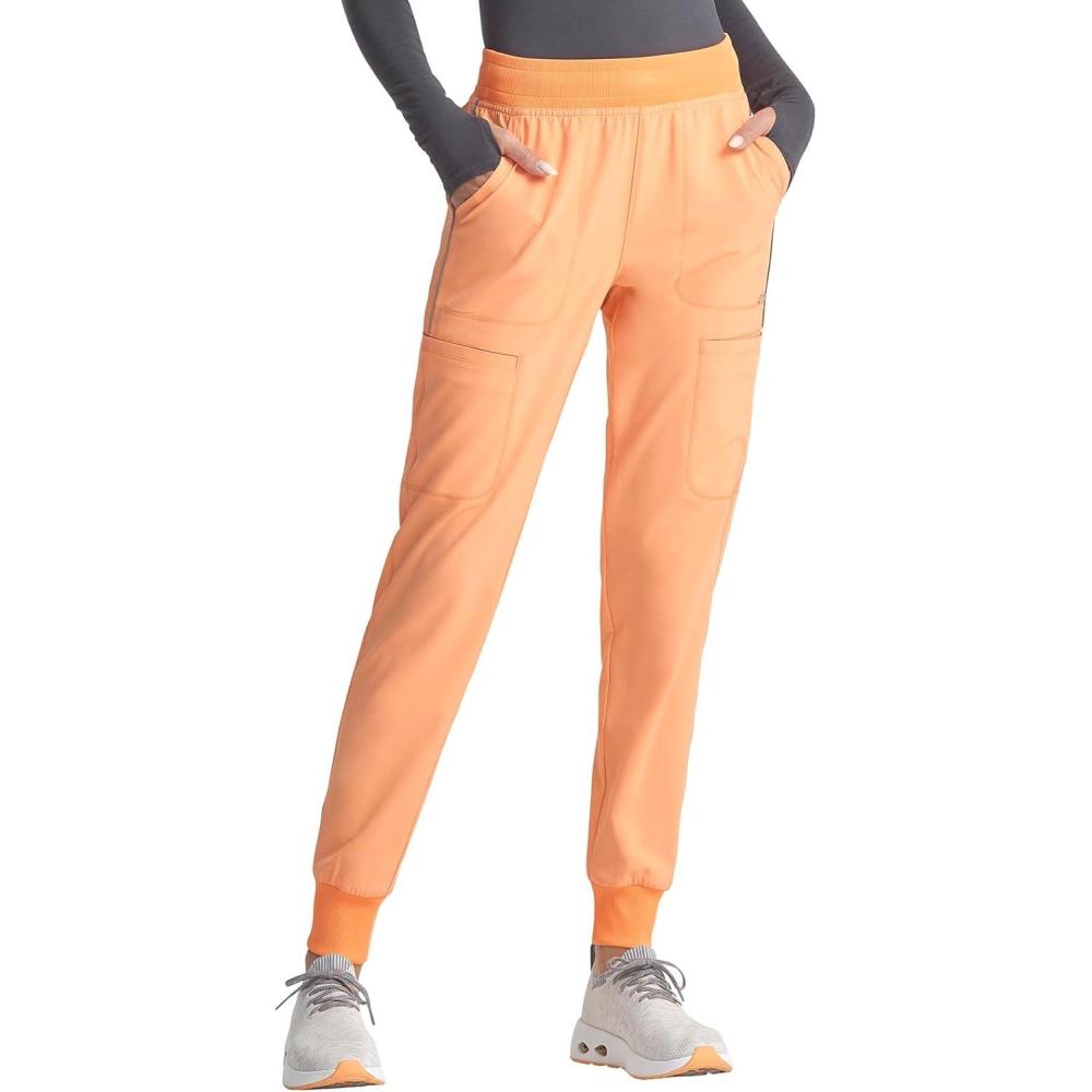 imageCherokee Infinity Womens Mid Rise Jogger Scrub Pants RibKnit Waist 6 Pockets 360 Stretch MoistureWicking CK080APeach Linen