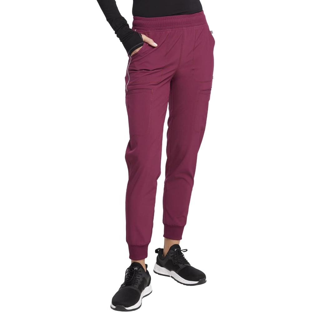 imageCherokee Infinity Womens Mid Rise Jogger Scrub Pants RibKnit Waist 6 Pockets 360 Stretch MoistureWicking CK080AWine