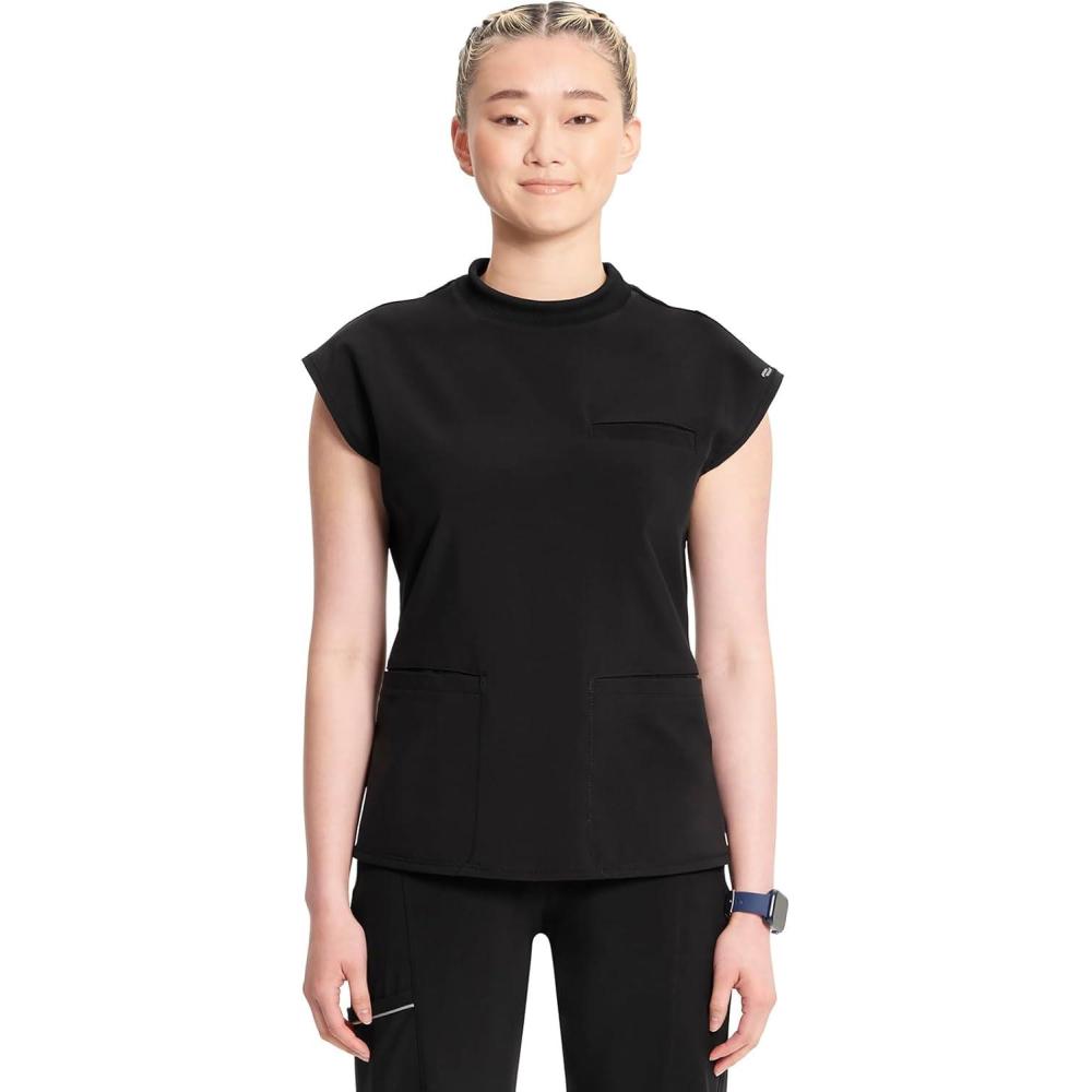 imageCherokee Infinity Womens Mock Neck Scrub Top 4 Pockets Dolman Sleeves RibKnit Back Panel Stylish Medical Top CK742ABlack