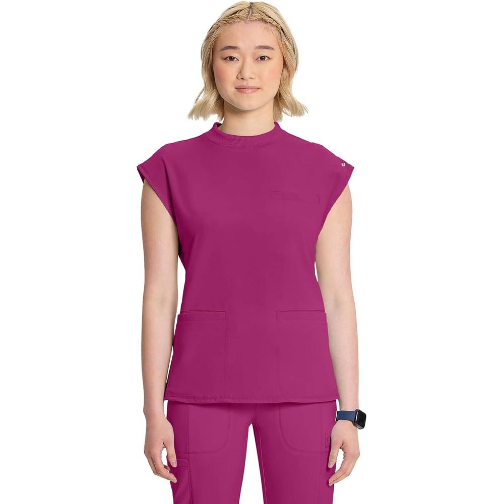 imageCherokee Infinity Womens Mock Neck Scrub Top 4 Pockets Dolman Sleeves RibKnit Back Panel Stylish Medical Top CK742AFuture Fuchsia
