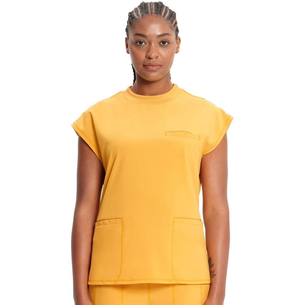 imageCherokee Infinity Womens Mock Neck Scrub Top 4 Pockets Dolman Sleeves RibKnit Back Panel Stylish Medical Top CK742AGold Rush