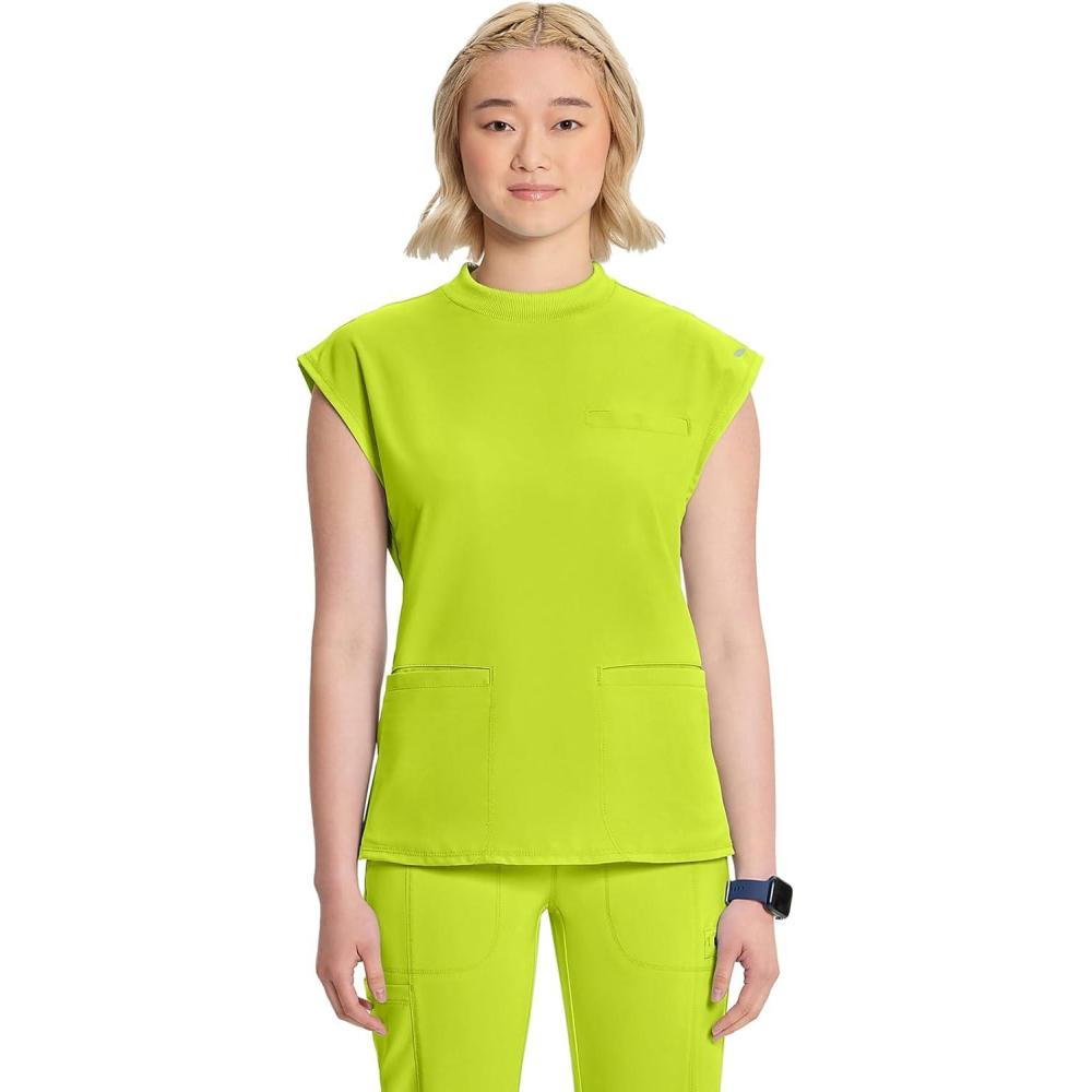 imageCherokee Infinity Womens Mock Neck Scrub Top 4 Pockets Dolman Sleeves RibKnit Back Panel Stylish Medical Top CK742ALime Time