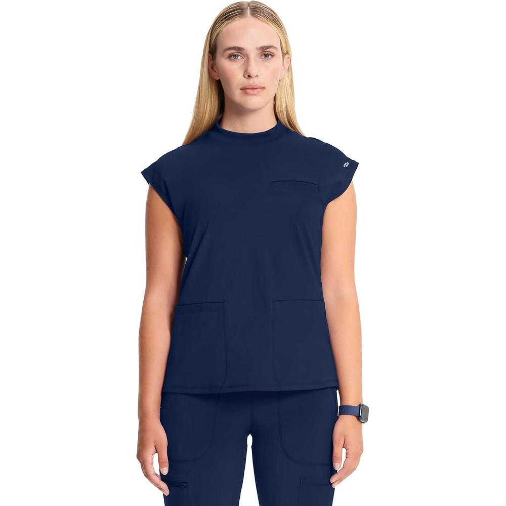 imageCherokee Infinity Womens Mock Neck Scrub Top 4 Pockets Dolman Sleeves RibKnit Back Panel Stylish Medical Top CK742ANavy