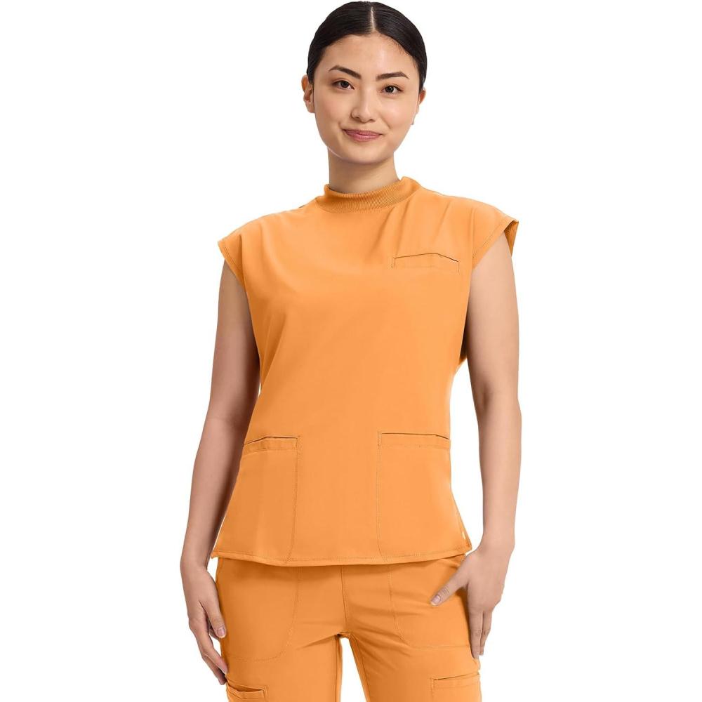 imageCherokee Infinity Womens Mock Neck Scrub Top 4 Pockets Dolman Sleeves RibKnit Back Panel Stylish Medical Top CK742AOrange Sunrise