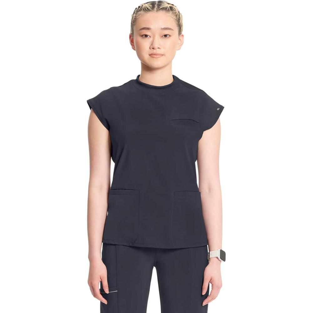 imageCherokee Infinity Womens Mock Neck Scrub Top 4 Pockets Dolman Sleeves RibKnit Back Panel Stylish Medical Top CK742APewter
