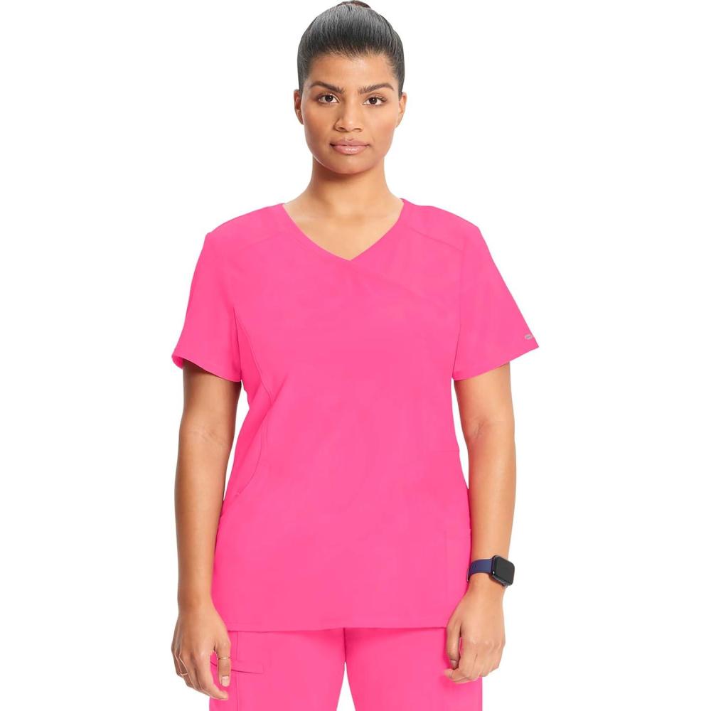imageCherokee Infinity Womens Mock Wrap Scrub Top 4 Pockets RibKnit Panel MoistureWicking 360 Stretch 2625ACarmine Pink