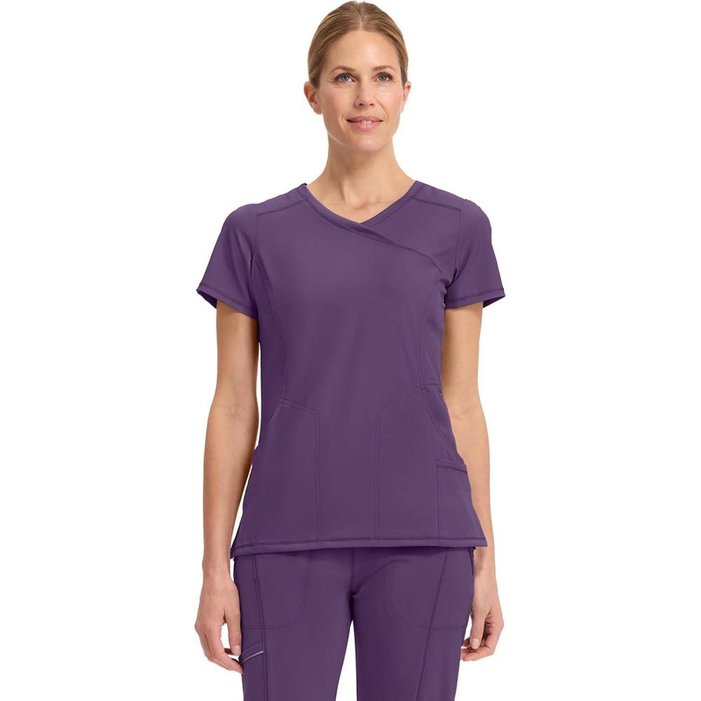 imageCherokee Infinity Womens Mock Wrap Scrub Top 4 Pockets RibKnit Panel MoistureWicking 360 Stretch 2625AEggplant